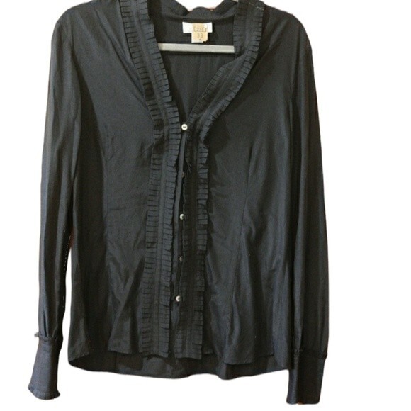 Roeantowe Black Ruffle Button Up Long Sleeve Blouse 14 Career Goth Work - Picture 1 of 9